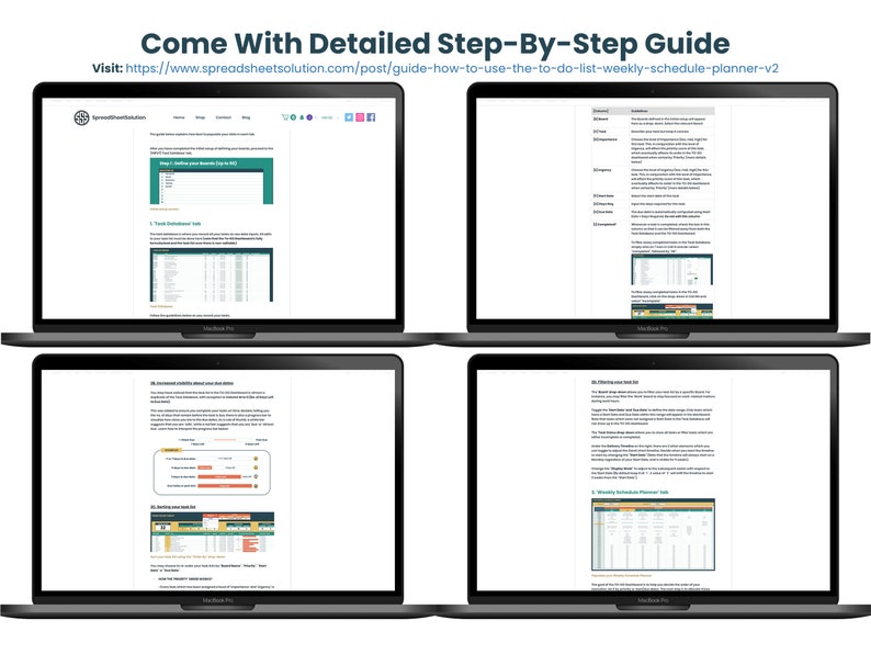 K&ouml;nnte beinhalten: Vier Screenshots eines Laptops, auf dem eine Website mit einer Schritt-f&uuml;r-Schritt-Anleitung zur Verwendung einer To-Do-Liste und eines Wochenplaners angezeigt wird. Die Website tr&auml;gt den Titel "Come With Detailed Step-By-Step Guide" und enth&auml;lt Screenshots des Planers.