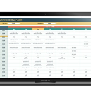 K&ouml;nnte beinhalten: Ein w&ouml;chentlicher Zeitplaner auf einem Laptop-Bildschirm mit einem t&uuml;rkis- und gr&uuml;nen Farbschema. Der Planer ist f&uuml;r Dezember 2021 und verwendet ein Zeitintervall von 30 Minuten. Er ist in Spalten f&uuml;r jeden Wochentag unterteilt, wobei jede Spalte die Tageszeit anzeigt. Der Planer enth&auml;lt Aufgaben wie "Morgenmeeting", "Finanzabschluss vorbereiten", "Mittagessen", "Unterlagen beschaffen", "Abendmeeting", "Abendessen" und "Schlafen".