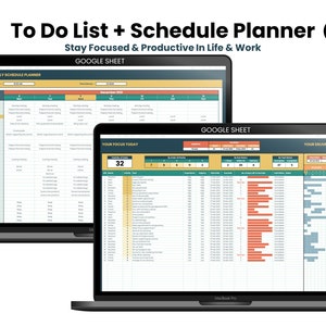 May include: Two laptop computer screens displaying a Google Sheet spreadsheet with a to-do list and schedule planner. The spreadsheet is titled "Your Weekly Schedule Planner", "Your Focus Today", and "Your Delivery Timeline".