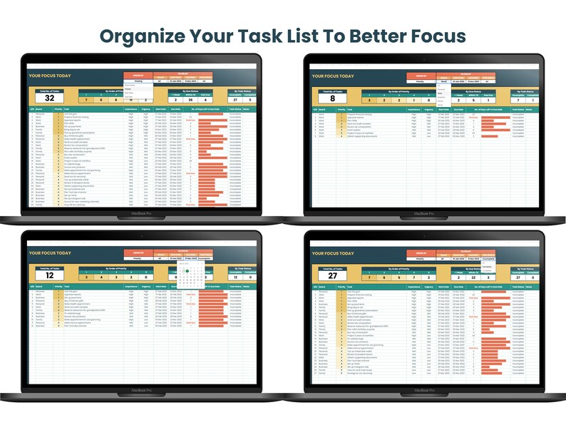 K&ouml;nnte beinhalten: Vier Laptop-Bildschirme, die eine Tabellenkalkulation mit dem Titel "Organisieren Sie Ihre Aufgabenliste, um sich besser zu konzentrieren" anzeigen. Jede Tabellenkalkulation enth&auml;lt eine unterschiedliche Anzahl von Aufgaben, wobei die Zahlen 32, 8, 12 und 27 in der oberen linken Ecke jedes Bildschirms angezeigt werden.
