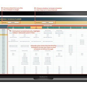 K&ouml;nnte beinhalten: Ein Laptop-Bildschirm zeigt einen w&ouml;chentlichen Zeitplaner mit einem Kalender f&uuml;r Dezember 2021. Der Planer ist so formatiert, dass er automatisch das heutige Datum und die aktuelle Uhrzeit hervorhebt. Der Planer erm&ouml;glicht es Benutzern, Aufgaben in den Wochenplan zu verteilen.
