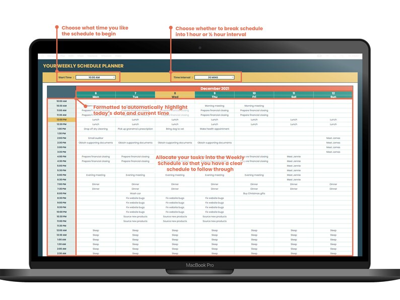 K&ouml;nnte beinhalten: Ein Laptop-Bildschirm zeigt einen w&ouml;chentlichen Zeitplaner mit einem Kalender f&uuml;r Dezember 2021. Der Planer ist so formatiert, dass er automatisch das heutige Datum und die aktuelle Uhrzeit hervorhebt. Der Planer erm&ouml;glicht es Benutzern, Aufgaben in den Wochenplan zu verteilen.
