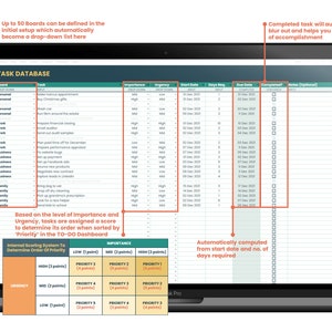 K&ouml;nnte beinhalten: Ein Laptop-Bildschirm zeigt eine Tabellenkalkulation mit einer Aufgaben-Datenbank. Die Tabellenkalkulation enth&auml;lt Spalten f&uuml;r Aufgabe, Board, Wichtigkeit, Dringlichkeit, Startdatum, ben&ouml;tigte Tage, F&auml;lligkeitstermin, abgeschlossen und Notizen. Die Tabellenkalkulation soll Benutzern helfen, ihre Aufgaben zu organisieren und zu priorisieren.