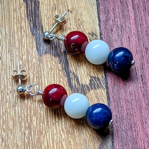 Red White and Blue Earrings in Sterling Silver, Flag Earrings, Patriotic Earrings, 4th of July Dangles