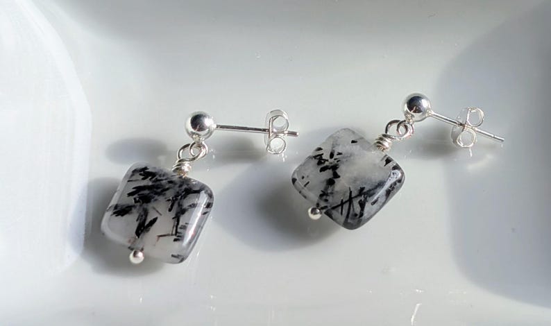 Black Tourmalated Quartz Earrings in Sterling Silver, Quartz Dangles afbeelding 4