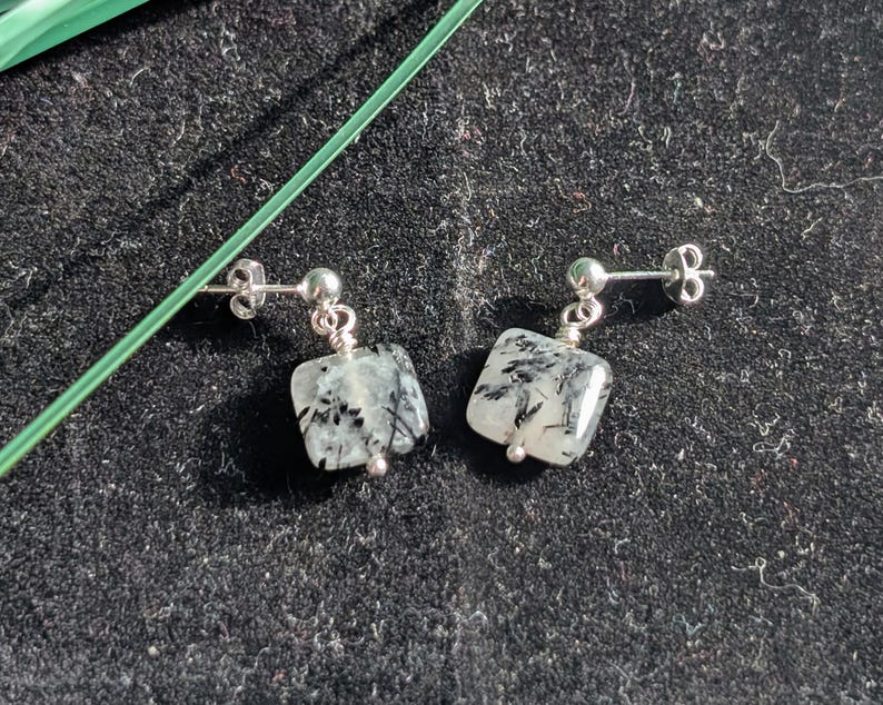Black Tourmalated Quartz Earrings in Sterling Silver, Quartz Dangles afbeelding 5