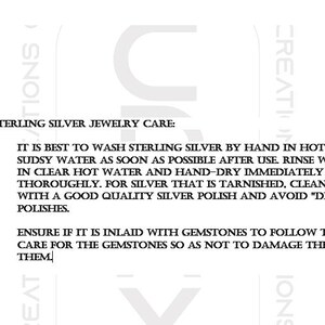 May include: A white informational card with black text titled STERLING SILVER JEWELRY CARE. It provides instructions to hand wash silver in hot sudsy water, rinse, and dry immediately. It advises using quality polish and avoiding dip polishes.