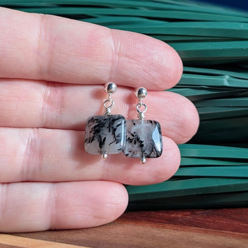 Black Tourmalated Quartz Earrings in Sterling Silver, Quartz Dangles afbeelding 7