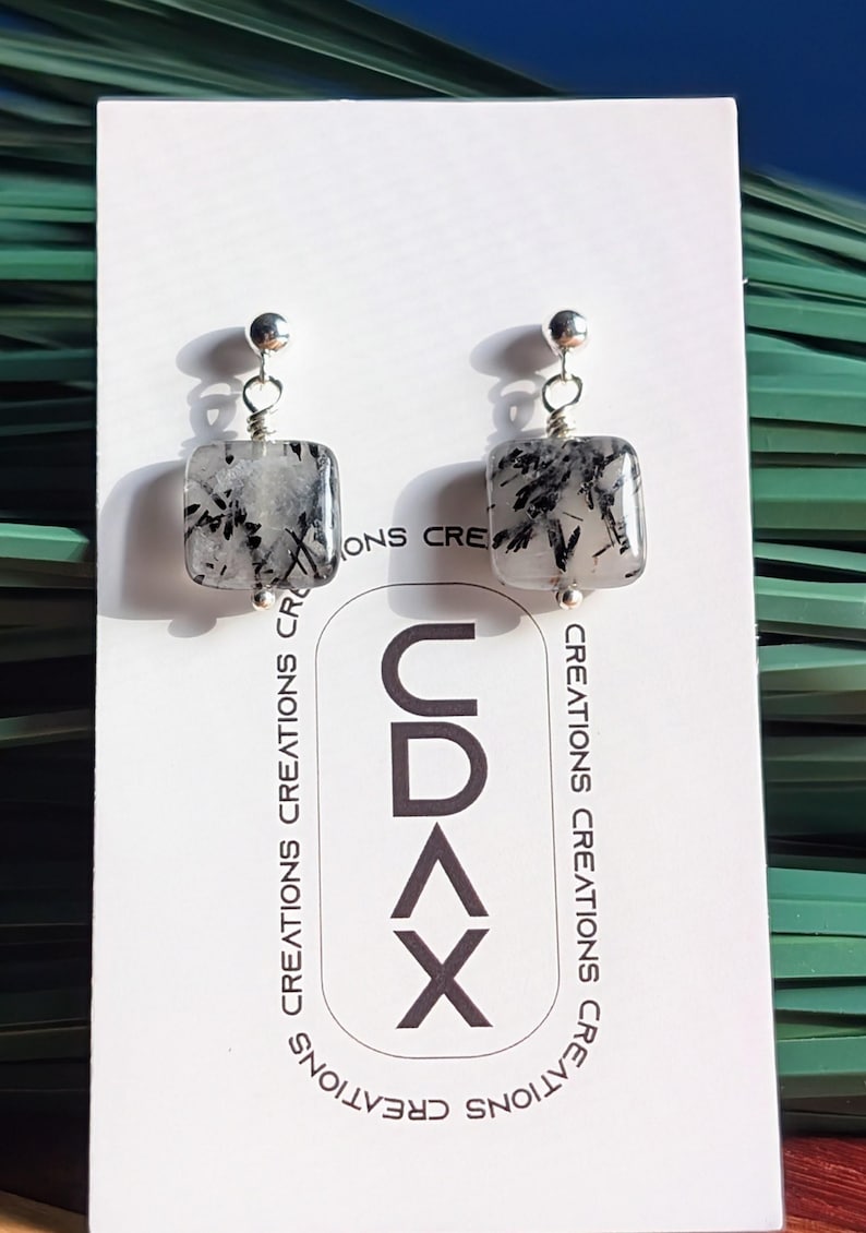 Black Tourmalated Quartz Earrings in Sterling Silver, Quartz Dangles afbeelding 8
