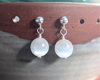 Sterling Silver Selenite Earrings: 8mm Gemstone