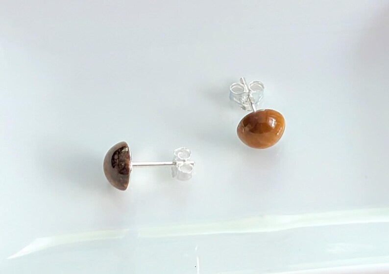 May include: A pair of stud earrings featuring smooth, rounded, polished brown stones set on silver posts with matching silver butterfly backings. The stones exhibit a glossy finish with subtle variations in deep brown and amber tones.