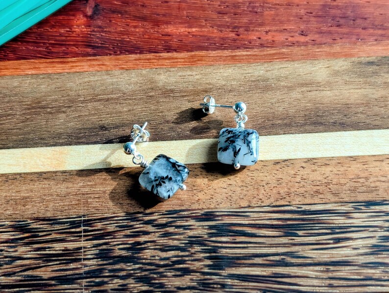 Black Tourmalated Quartz Earrings in Sterling Silver, Quartz Dangles afbeelding 3