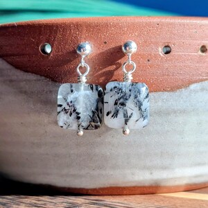 Black Tourmalated Quartz Earrings in Sterling Silver, Quartz Dangles afbeelding 1