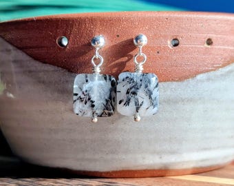 Black Tourmalated Quartz Earrings in Sterling Silver, Quartz Dangles