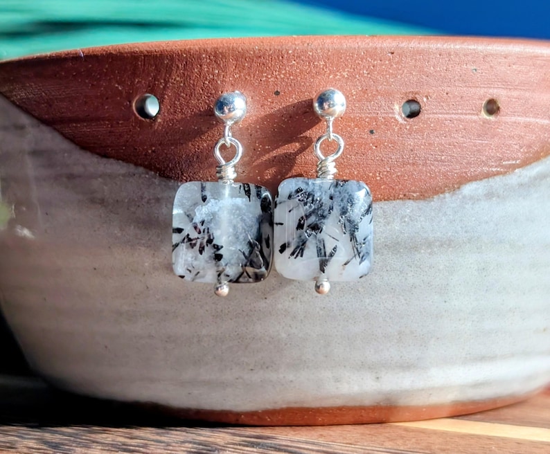 Black Tourmalated Quartz Earrings in Sterling Silver, Quartz Dangles afbeelding 1
