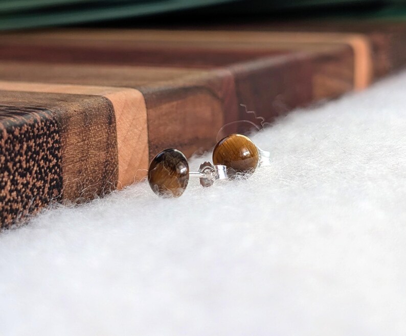 May include: A pair of stud earrings featuring round, polished tiger's eye gemstones with characteristic golden-brown chatoyancy. The stones are set in silver-toned metal posts with butterfly backings, showcasing a smooth, domed surface profile.