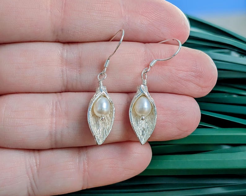 Calla Lily Pearl Earrings in Sterling silver image 7