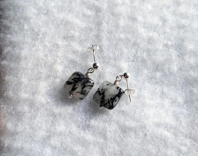 Black Tourmalated Quartz Earrings in Sterling Silver, Quartz Dangles afbeelding 2