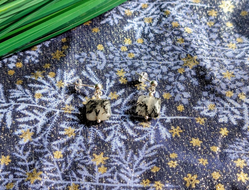 Black Tourmalated Quartz Earrings in Sterling Silver, Quartz Dangles afbeelding 6
