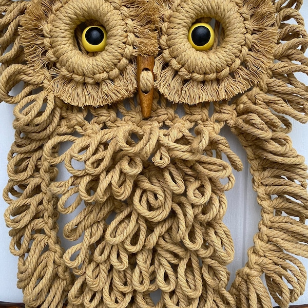 Peut inclure: Une suspension murale en macramé en forme de hibou, réalisée en corde marron naturelle avec des yeux jaunes. Le hibou est suspendu à une tringle en bois.