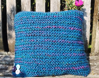 Hand Knitted Small Cushion In Kingfisher Blue With Pink Thread & Button Cluster