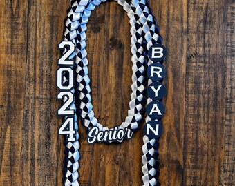 Handmade Class of 2024 Custom Colors Double Graduation 5/8" Double Faced Ribbon Lei with 2024, Name Topper & Senior