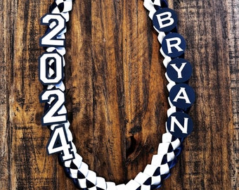 Handmade Class of 2024 Custom Colors Graduation 5/8" Double Faced Ribbon Lei with 2024 and Name Topper