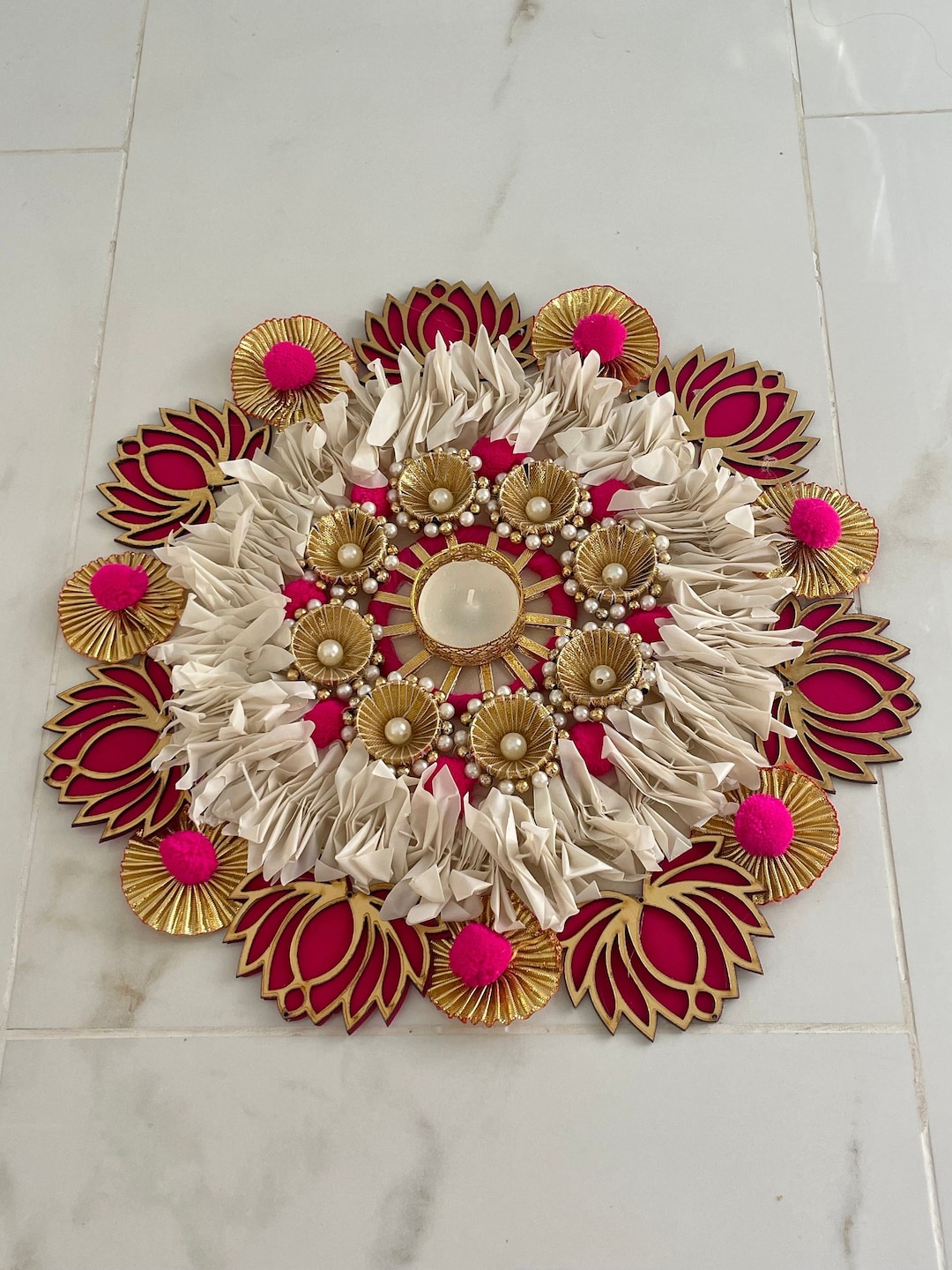 Handmade Diwali Rangoli Mat Decoration With Jasmine Flowers, Lotus
