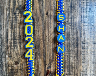 Handmade Custom Colors Open Double Braided Graduation 3/8" Double Faced Ribbon Lei with 2024 and name topper