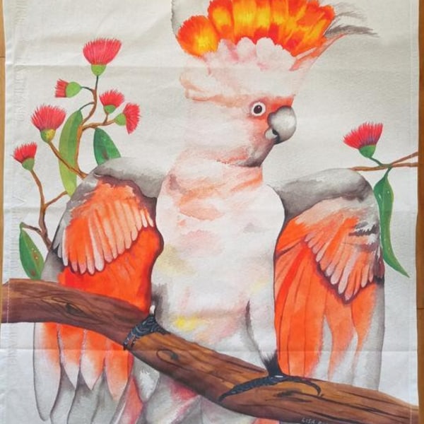 Australian Major Mitchell Cockatoo Apricot Australian Souvenir Tea Towel 70cm x 50cm