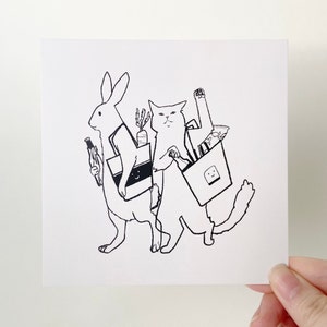 Lebre e Gato Festa em Casa | cartão postal quadrado | ilustração animal