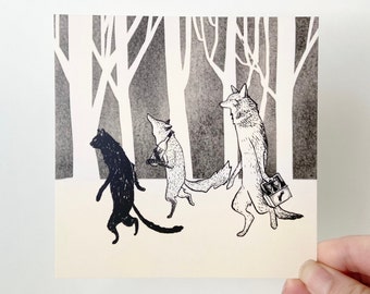 cat and fox and coyote Gather Merry | square postcard | animal illustration