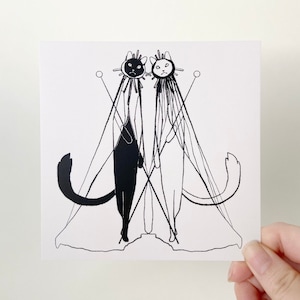 dueto de gato preto e gato branco | cartão postal quadrado | ilustração animal
