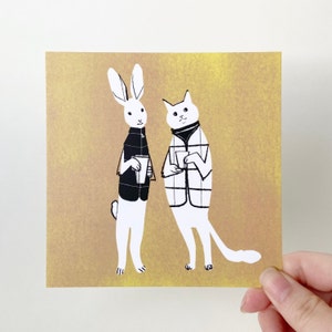 liebre y gato Morning Chat / postal cuadrada / ilustración animal