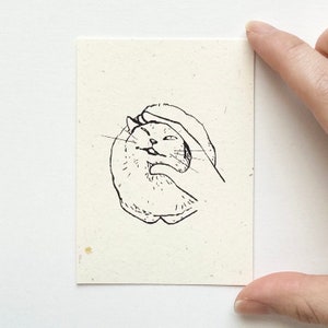 May include: A black and white line drawing of a hand petting a cat. The cat is curled up in a ball and has its eyes closed.