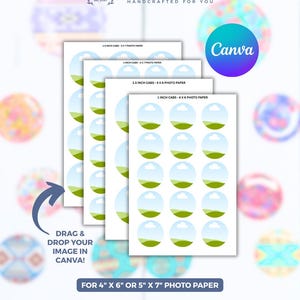Peut inclure: Modèles de papier photo blancs avec des motifs circulaires représentant un ciel bleu et un paysage vert. L'image comprend le texte "Canva" et des instructions pour glisser-déposer des images. Les modèles sont pour papier photo 10 x 15 cm ou 13 x 18 cm.