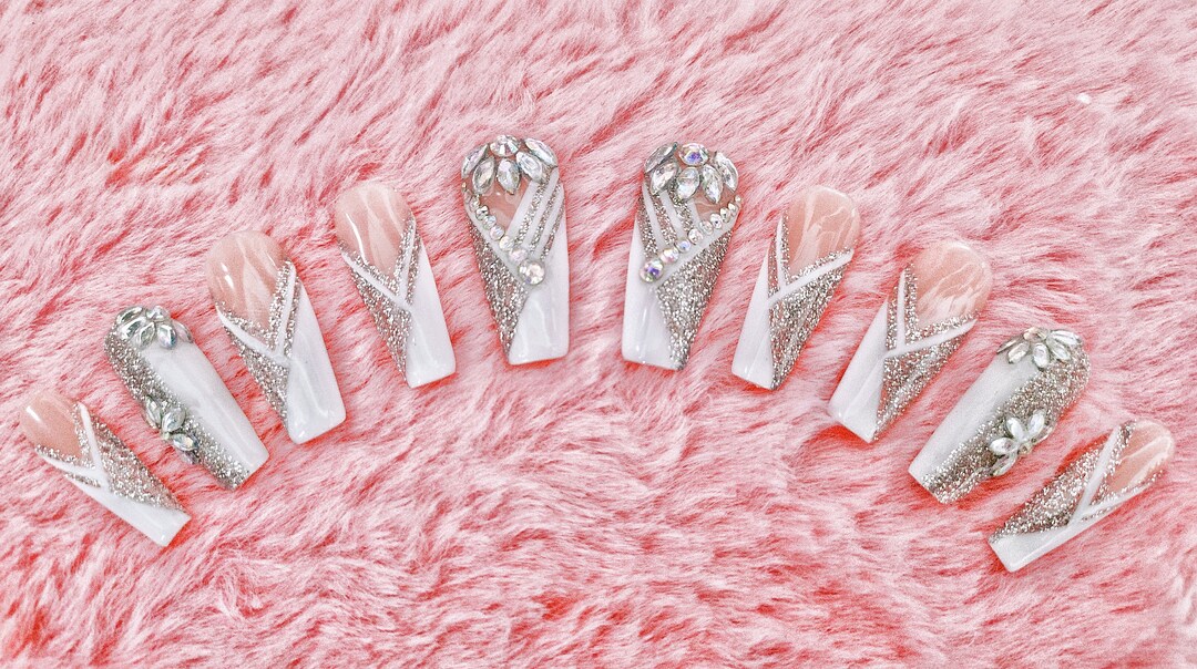 White & Glitter French Tips Nails Long Coffin Nails Fake Nails Press on Nails Nails With Designs