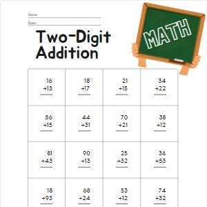 Hoja de trabajo de suma de dos dígitos, problemas matemáticos para niños, imprimible