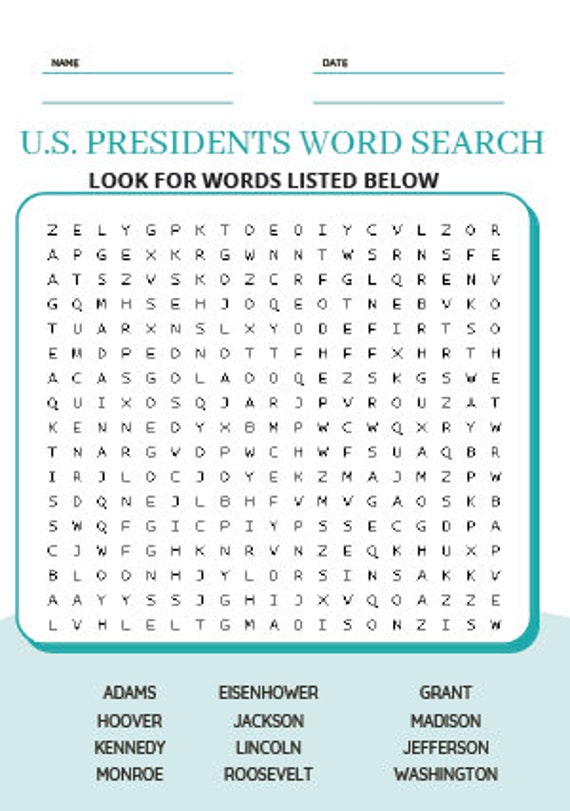 US Presidents Word Search | Etsy