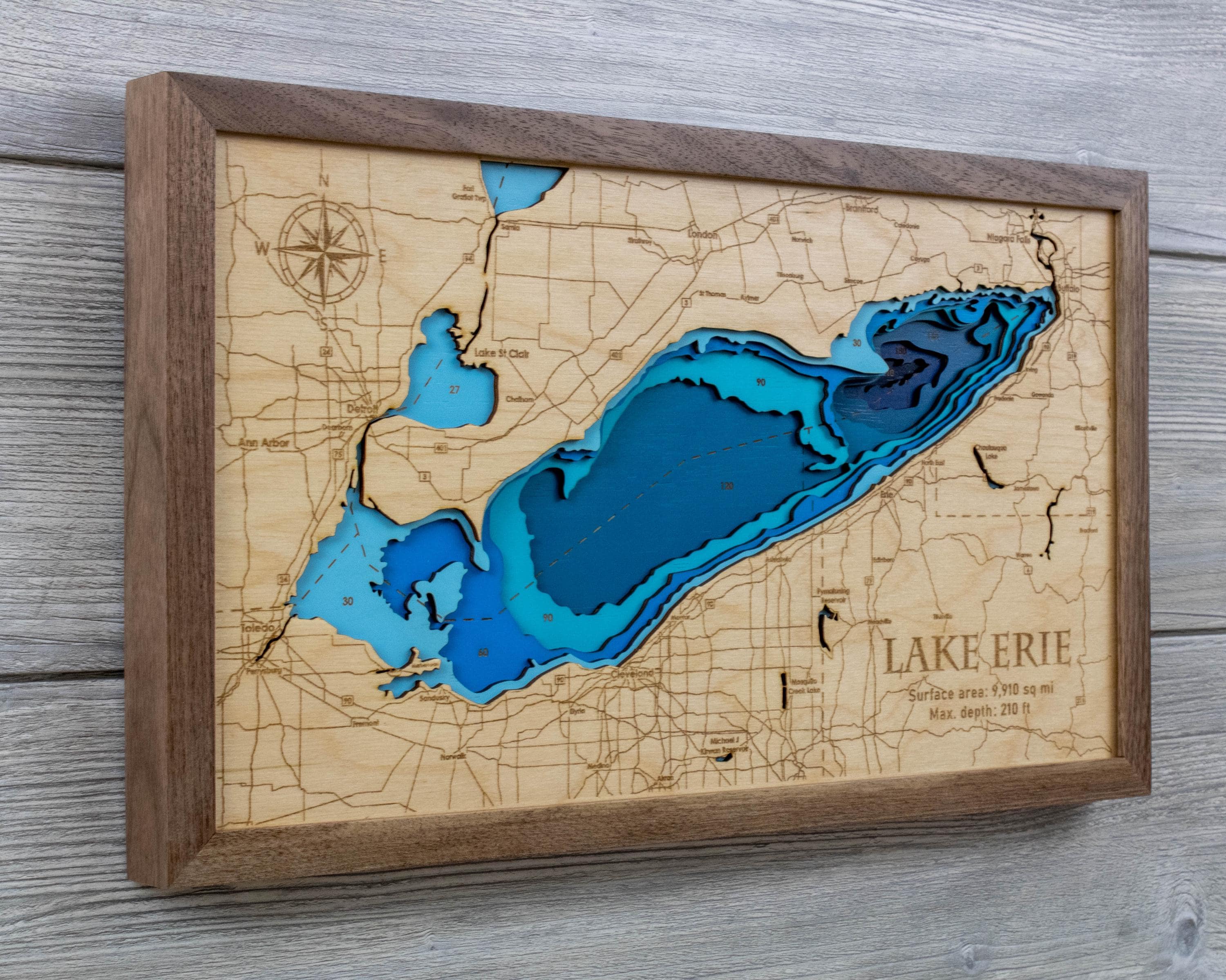 Multilayered Lake Erie Wood Map | Laser Engraved | Hardwood Framed