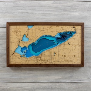 Multilayered Lake Erie Wood Map | Laser Engraved | Hardwood Framed Wall Art