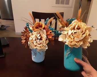 Mason jar centerpiece, floral arrangement, fall , Rustic decoration in Lagoon or Crystal Mason jars