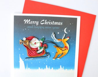 Santa Claus and Deer Card, Merry Christmas Holidays Xmas Card, Quilling Santa Ride Reindeer Greeting Card, Flying Santa Gift Card