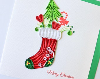Holidays Xmas Card, Santa Sock Christmas Card, Quilling Seasons Greeting Card, Christmas Gift Card, Holidays Gift Card, Festive Sock Card
