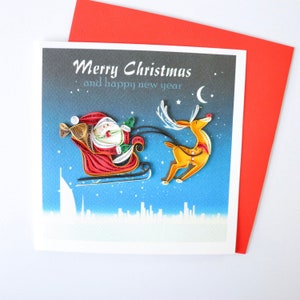 Cartão de papai noel e veado, cartão de natal de feriados de feliz natal, cartão de felicitações de rena de passeio de papai noel, cartão de presente de papai noel voador