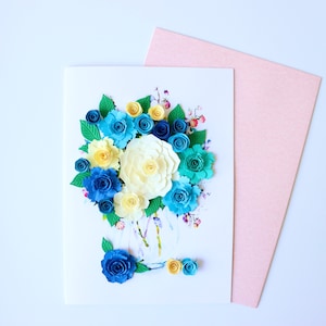 Blue Flower Vase Greeting Card, Handmade Card, 3D Birthday Card, Eco-friendly Gift Card, Sympathy Card, Congrats Paper Card, Thank You Card