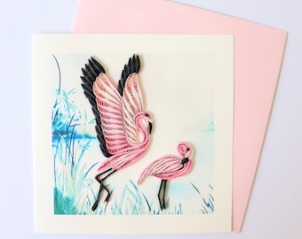Flamingo Quilling Greeting Card, Animal Gift Card, Handmade Card, Pink Flaming Birthday Card, Happy Birthday Card, Pink Flamingo Bird Card