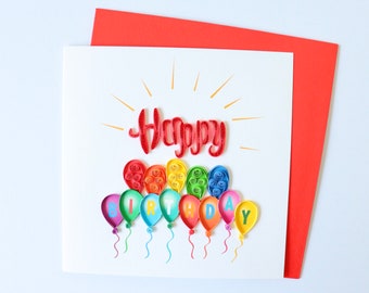 Carte ballon d’anniversaire, Carte de quilling joyeux anniversaire, Carte de vœux de quilling boîte cadeau, Carte de joyeux anniversaire, Carte faite à la main, Carte cadeau d’anniversaire