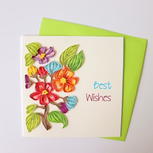 Handgemaakte wenskaart, beste wensen kaart, gelukskaart, gelukkige verjaardagskaart, felicitatiekaart, afstudeerkaart, florale quilling-kaart