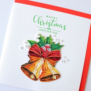 Wesoła kartka świąteczna, świąteczna kartka z dzwoneczkami, świąteczna kartka świąteczna, kartka z życzeniami Quilling Seasons, świąteczna kartka podarunkowa, kartka świąteczna